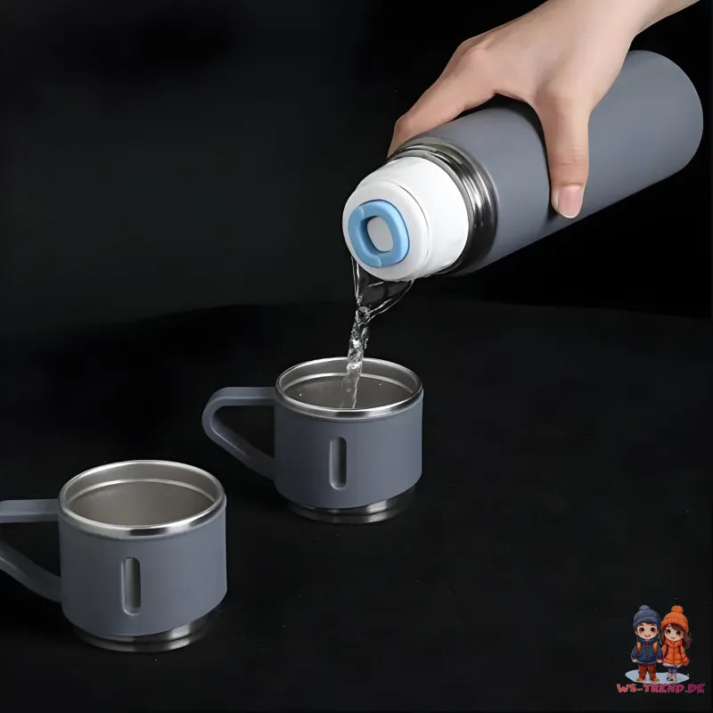 4 tlg. Set Thermoflasche Edelstahl Trinkflasche 500ml 3 Trinkbecher Becher - WS-Trend.de 4tlg. für kalte und heiße Getränke
