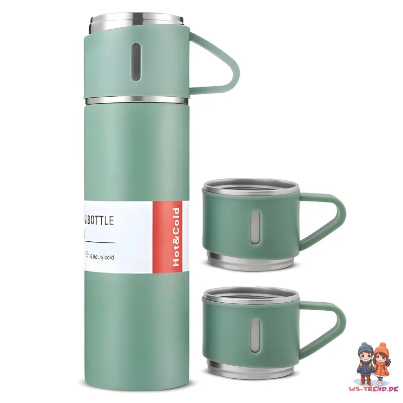 4 tlg. Set Thermoflasche Edelstahl Trinkflasche 500ml 3 Trinkbecher Becher - WS-Trend.de 4tlg. für kalte und heiße Getränke
