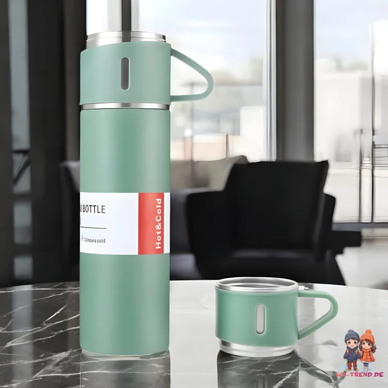 4 tlg. Set Thermoflasche Edelstahl Trinkflasche 500ml 3 Trinkbecher Becher - WS-Trend.de 4tlg. für kalte und heiße Getränke