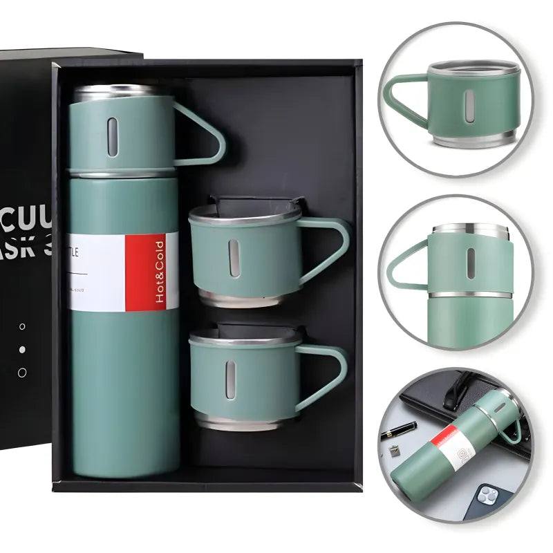 4 tlg. Set Thermoflasche Edelstahl Trinkflasche 500ml 3 Trinkbecher Becher - WS-Trend.de 4tlg. für kalte und heiße Getränke