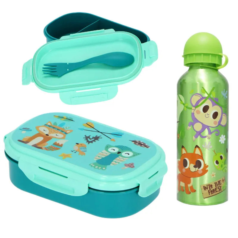 Waldtiere 3 tlg Kinder Lunch Set Brotdose Aluminium Trinkflasche 500 ml Göffel - WS-Trend.de