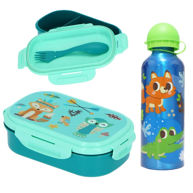 Waldtiere 3 tlg Kinder Lunch Set Brotdose Aluminium Trinkflasche 500 ml Göffel - WS-Trend.de