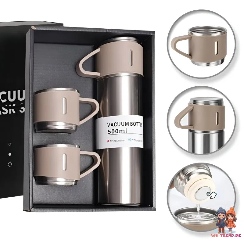 4 tlg. Set Thermoflasche Edelstahl Trinkflasche 500ml 3 Trinkbecher Becher - WS-Trend.de 4tlg. für kalte und heiße Getränke
