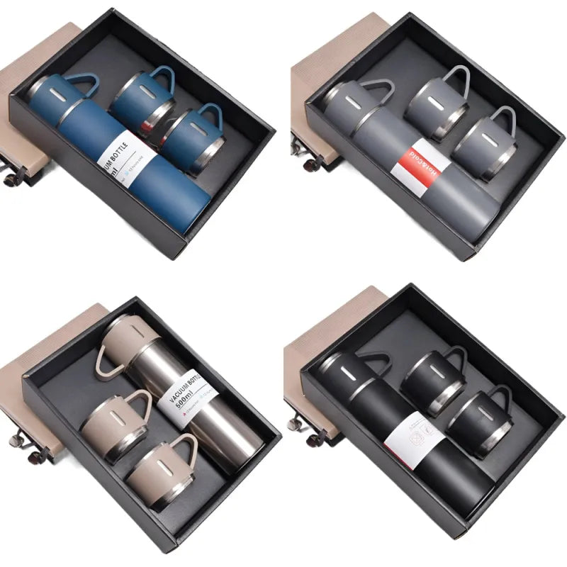 4 tlg. Set Thermoflasche Edelstahl Trinkflasche 500ml 3 Trinkbecher Becher WS Trend.de 4tlg. für kalte und heiße Getränke