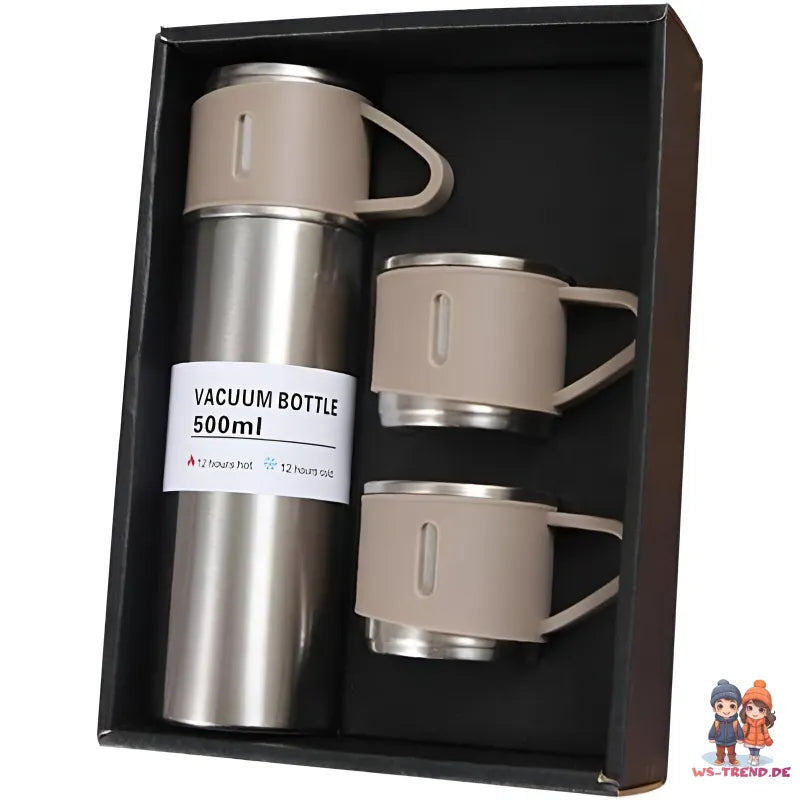 4 tlg. Set Thermoflasche Edelstahl Trinkflasche 500ml 3 Trinkbecher Becher - WS-Trend.de 4tlg. für kalte und heiße Getränke