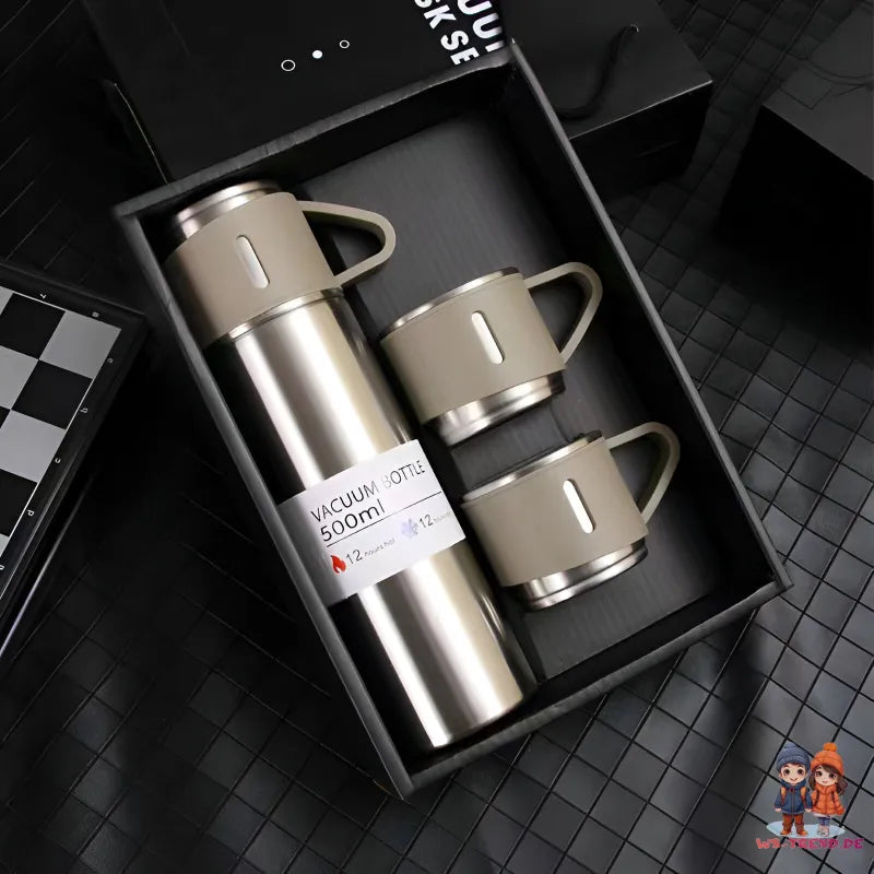 4 tlg. Set Thermoflasche Edelstahl Trinkflasche 500ml 3 Trinkbecher Becher WS Trend.de 4tlg. für kalte und heiße Getränke
