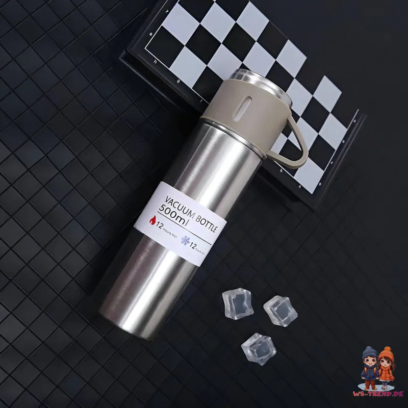 4 tlg. Set Thermoflasche Edelstahl Trinkflasche 500ml 3 Trinkbecher Becher - WS-Trend.de 4tlg. für kalte und heiße Getränke