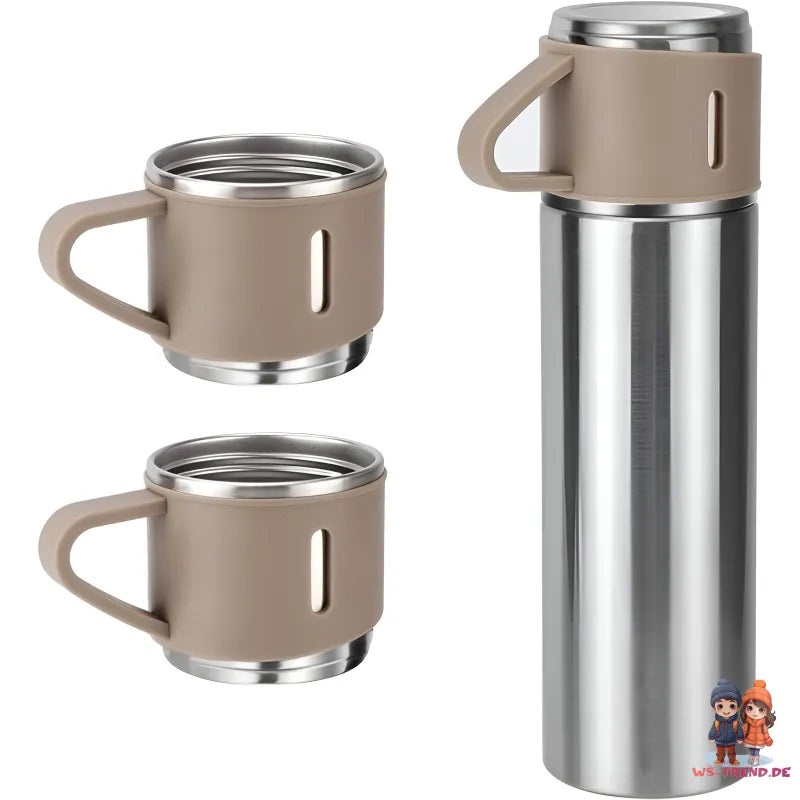 4 tlg. Set Thermoflasche Edelstahl Trinkflasche 500ml 3 Trinkbecher Becher - WS-Trend.de 4tlg. für kalte und heiße Getränke