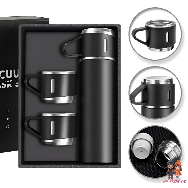 4 tlg. Set Thermoflasche Edelstahl Trinkflasche 500ml 3 Trinkbecher Becher - WS-Trend.de 4tlg. für kalte und heiße Getränke