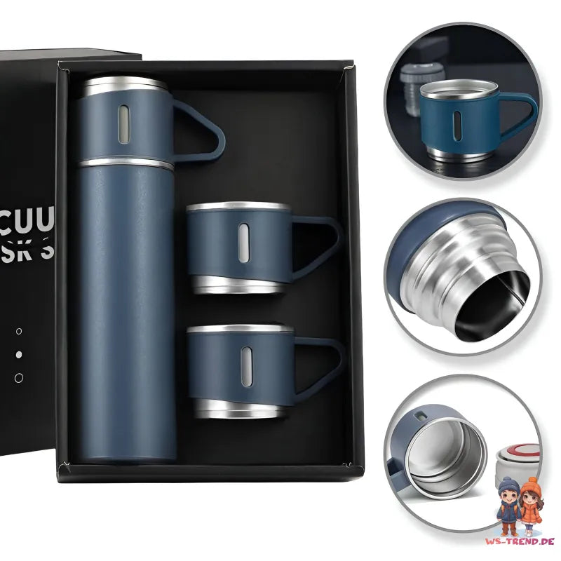 4 tlg. Set Thermoflasche Edelstahl Trinkflasche 500ml 3 Trinkbecher Becher - WS-Trend.de 4tlg. für kalte und heiße Getränke