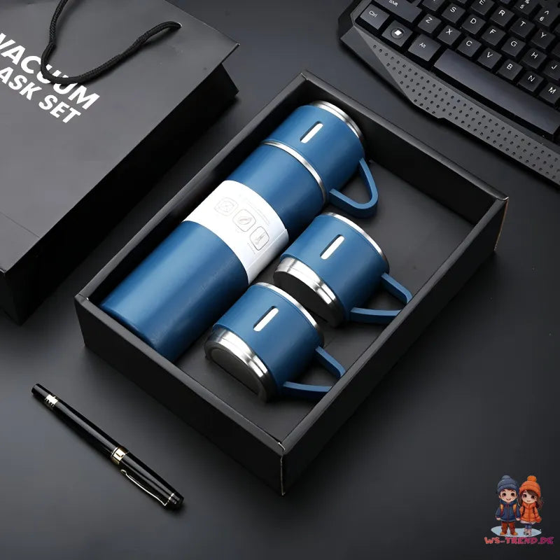 4 tlg. Set Thermoflasche Edelstahl Trinkflasche 500ml 3 Trinkbecher Becher - WS-Trend.de 4tlg. für kalte und heiße Getränke