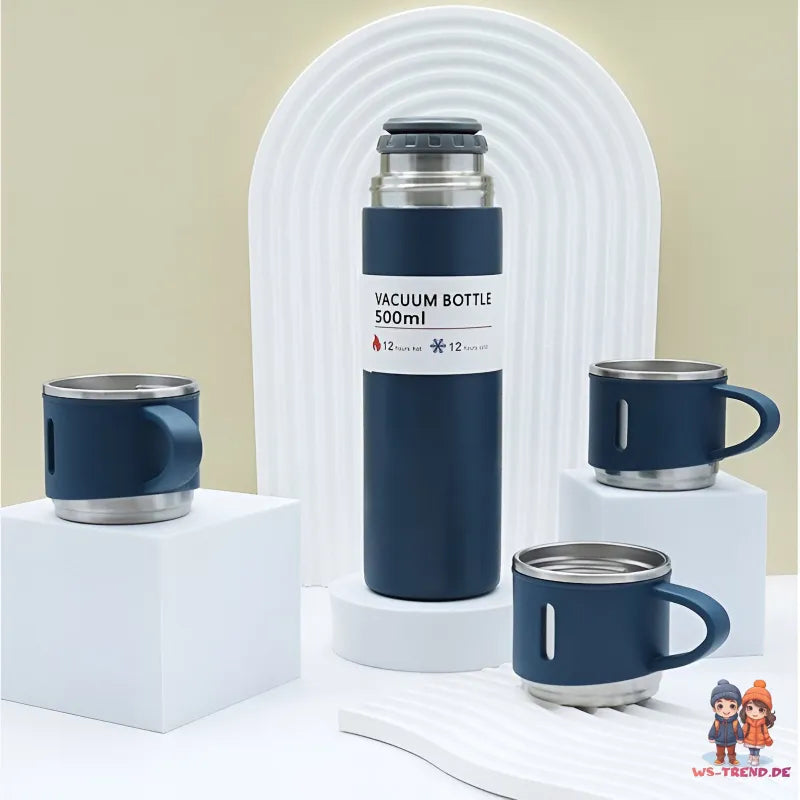 4 tlg. Set Thermoflasche Edelstahl Trinkflasche 500ml 3 Trinkbecher Becher - WS-Trend.de 4tlg. für kalte und heiße Getränke