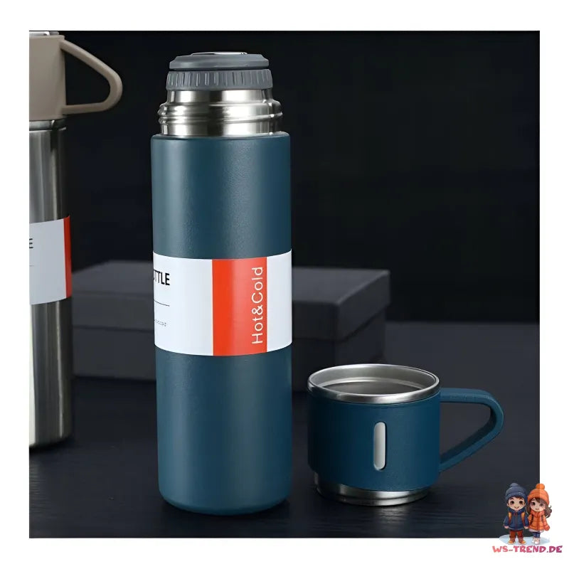 4 tlg. Set Thermoflasche Edelstahl Trinkflasche 500ml 3 Trinkbecher Becher - WS-Trend.de 4tlg. für kalte und heiße Getränke