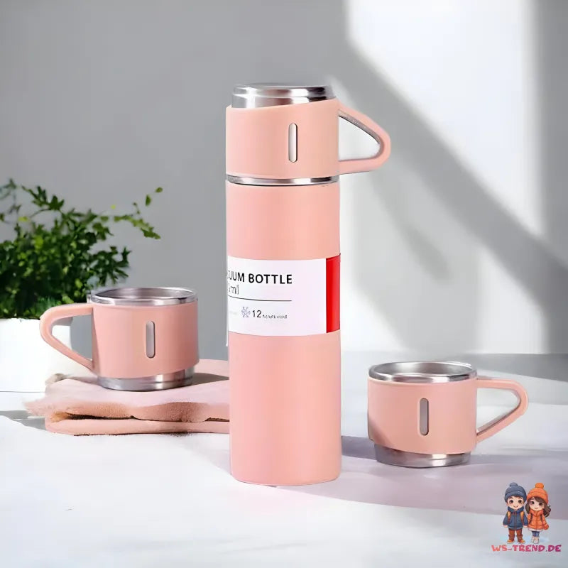 4 tlg. Set Thermoflasche Edelstahl Trinkflasche 500ml 3 Trinkbecher Becher - WS-Trend.de 4tlg. für kalte und heiße Getränke