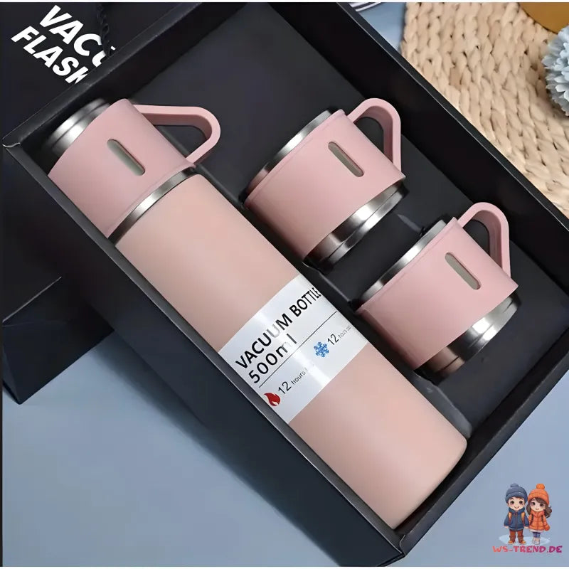 4 tlg. Set Thermoflasche Edelstahl Trinkflasche 500ml 3 Trinkbecher Becher WS Trend.de 4tlg. für kalte und heiße Getränke