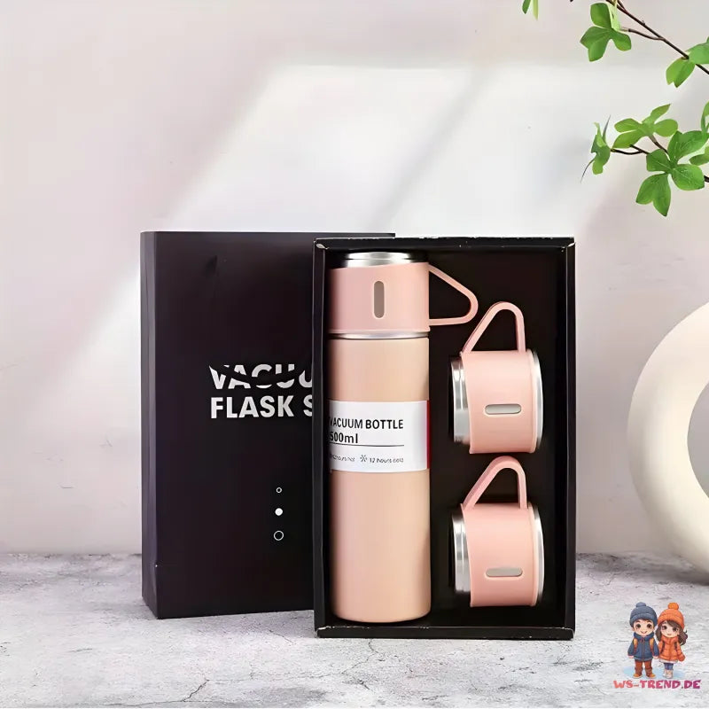 4 tlg. Set Thermoflasche Edelstahl Trinkflasche 500ml 3 Trinkbecher Becher - WS-Trend.de 4tlg. für kalte und heiße Getränke