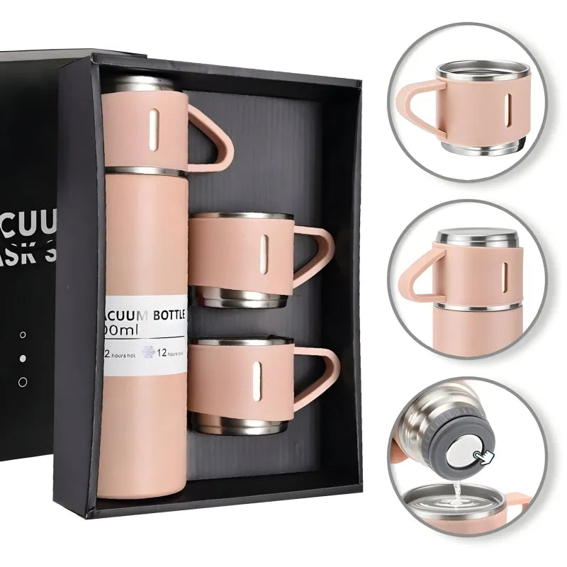 4 tlg. Set Thermoflasche Edelstahl Trinkflasche 500ml 3 Trinkbecher Becher - WS-Trend.de 4tlg. für kalte und heiße Getränke