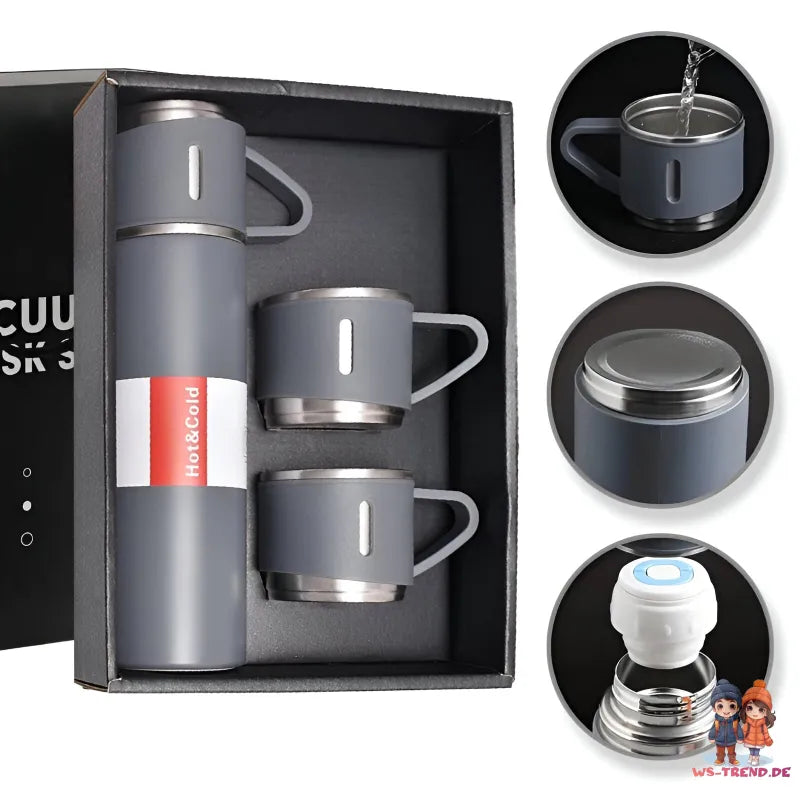 4 tlg. Set Thermoflasche Edelstahl Trinkflasche 500ml 3 Trinkbecher Becher - WS-Trend.de 4tlg. für kalte und heiße Getränke