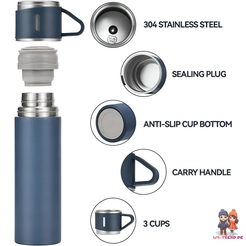 4 tlg. Set Thermoflasche Edelstahl Trinkflasche 500ml 3 Trinkbecher Becher - WS-Trend.de 4tlg. für kalte und heiße Getränke