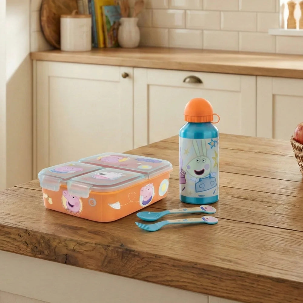 Peppa Wutz Pig 4 teiliges Kinder Set 3 Kammern Brotdose Alu-Trinkflasche Besteck - WS-Trend.de