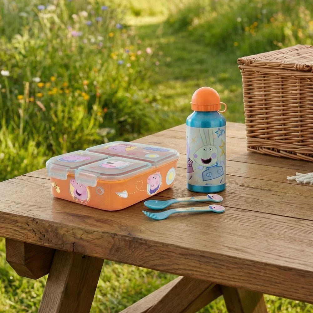 Peppa Wutz Pig 4 teiliges Kinder Set 3 Kammern Brotdose Alu-Trinkflasche Besteck - WS-Trend.de