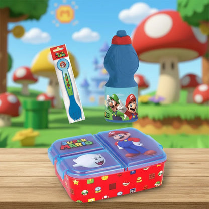 Super Mario Luigi Kinder 4 teiliges Set Brotdose - Gabel Löffel und Trinkflasche - WS-Trend.de