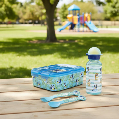 Bluey Bingo Kinder 4 teiliges Set 3 Kammern Brotdose Trinkflasche 370 ml Besteck - WS-Trend.de