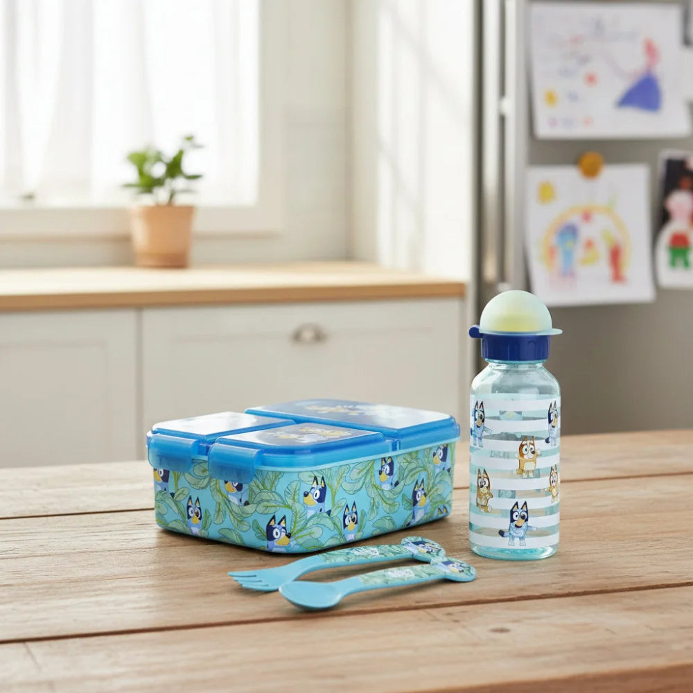 Bluey Bingo Kinder 4 teiliges Set 3 Kammern Brotdose Trinkflasche 370 ml Besteck - WS-Trend.de