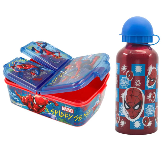 Marvel Spiderman 2 teiliges Kinder Set 3 Kammern Brotdose Alu Trinkflasche 400 ml - WS-Trend.de