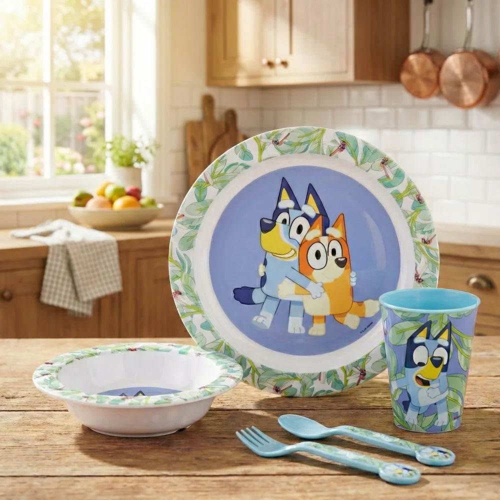 Bluey und Bingo Kinder Geschirr-Set 5 teilig Becher Besteck Teller Schüssel - WS-Trend.de