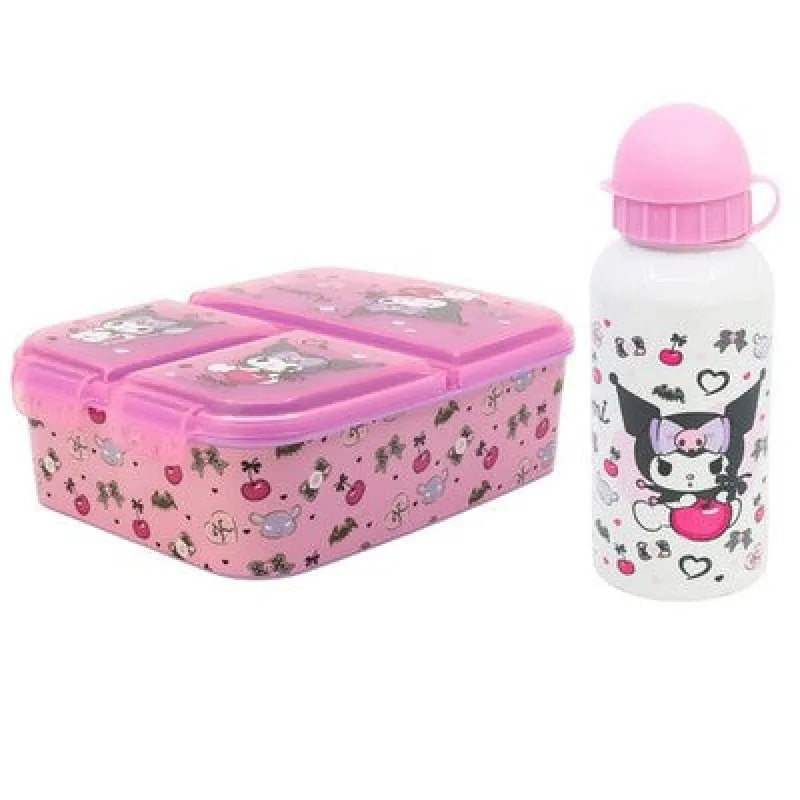 Kuromi Hello Kitty 2 tlg. Lunch Set Brotdose 3 Kammern ALU ATrinkflasche 400 ml - WS-Trend.de