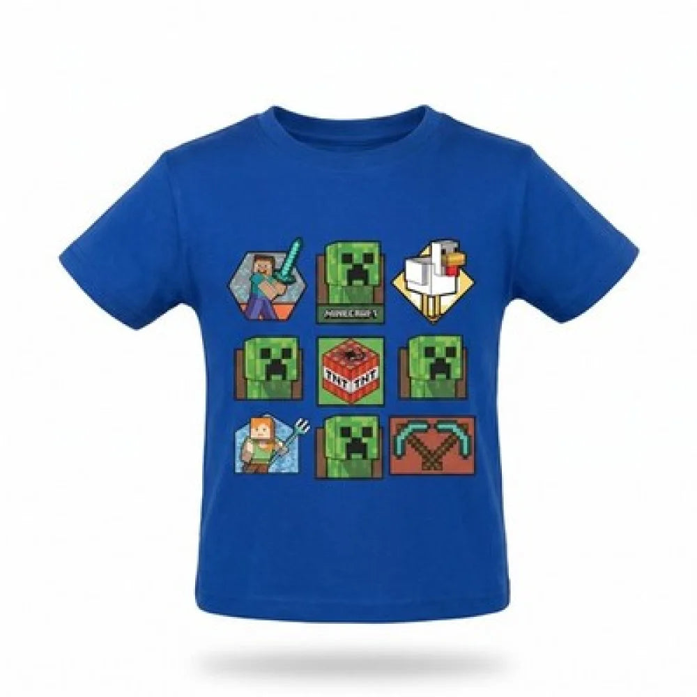 Minecraft Gamer Creeper Kinder T-Shirt Kurzarm Shirt Baumwolle 116 bis 146 - Blau - WS-Trend.de