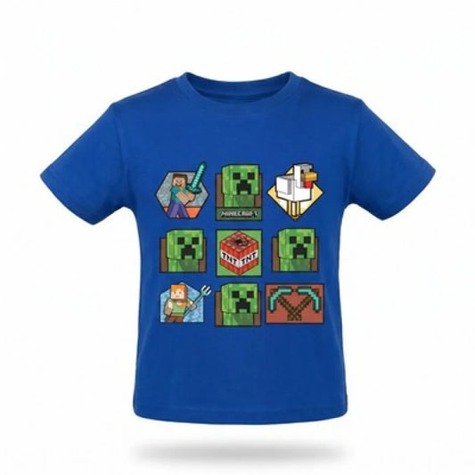 Minecraft Gamer Creeper Kinder T-Shirt Kurzarm Shirt Baumwolle 116 bis 146 - Blau - WS-Trend.de