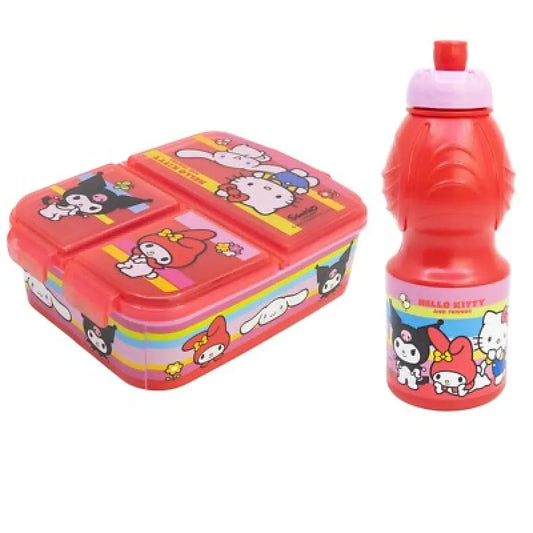 Hello Kitty Kuromi Melody 2 tlg. Lunch Set Brotdose mit 3 Kammern Trinkflasche - WS-Trend.de