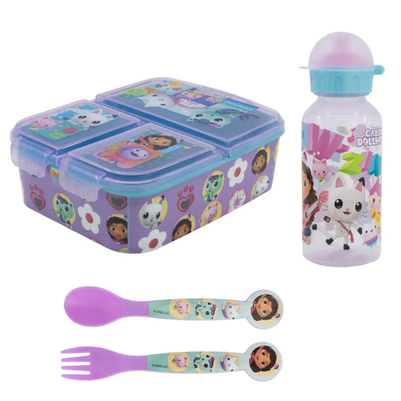 Gabbys Dollhouse Kinder 4 tlg Set Brotdose 3 Kammern Trinkflasche Besteck - WS-Trend.de