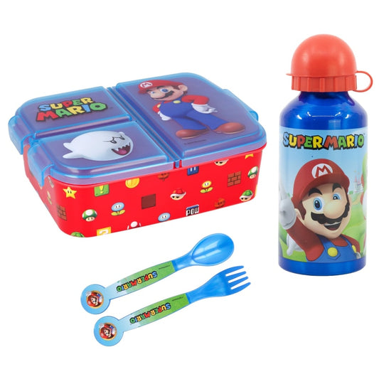 Super Mario Luigi Kinder 4 teiliges Set Brotdose - Gabel Löffel Alu-Trinkflasche - WS-Trend.de