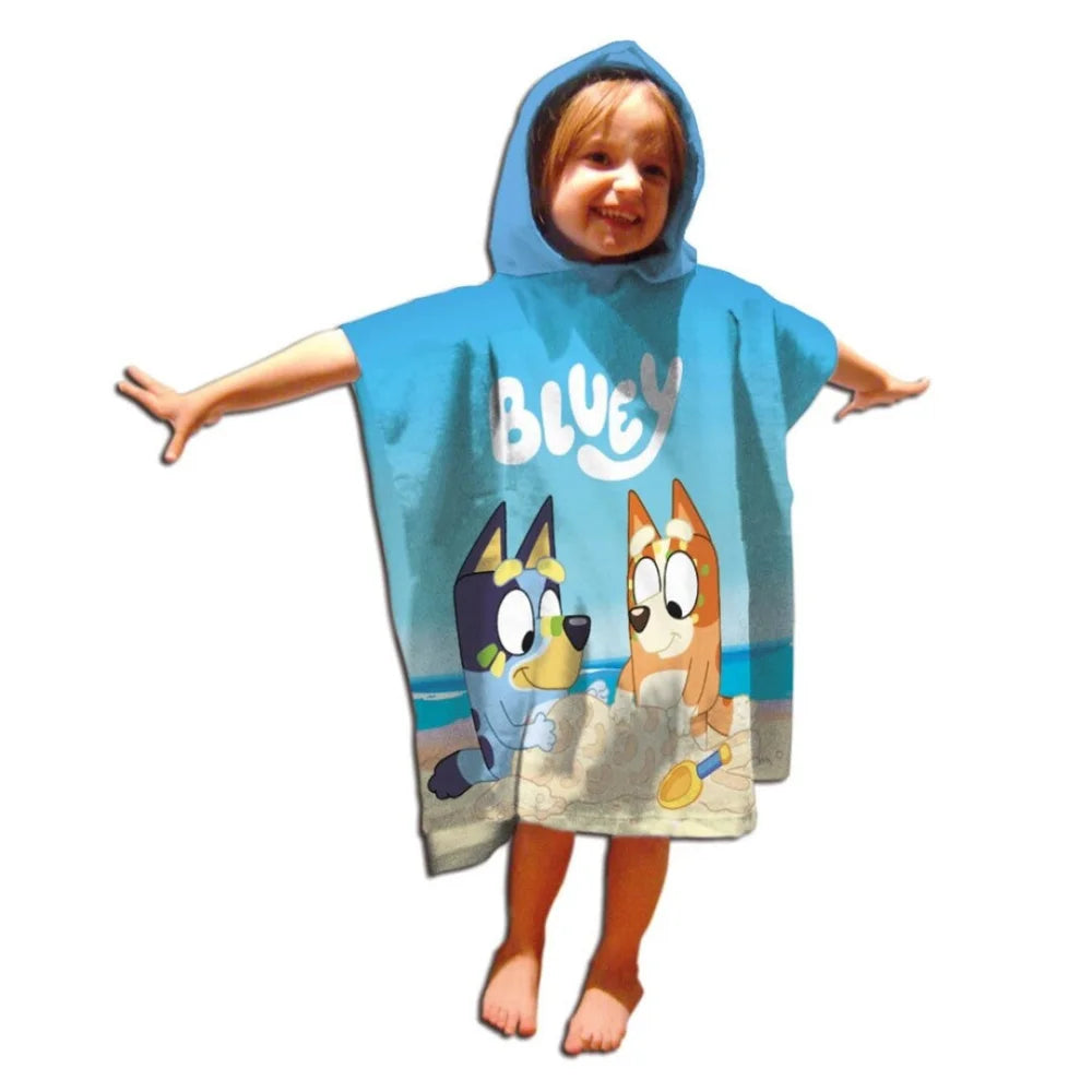 Bluey & Bingo Kinder Badeponcho 55x110 cm – Mikrofaser Poncho-Badetuch mit Kapuze schnelltrocknend leicht Strandponcho/Poolponcho für 100%