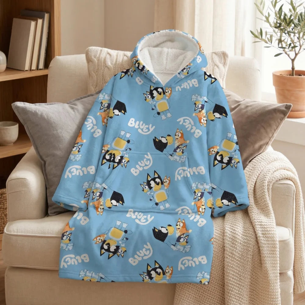 Bluey Bingo Kinder Kuschelponcho Kuscheldecke mit Ärmeln Kapuze Tasche 3-6 Jahre - WS-Trend.de