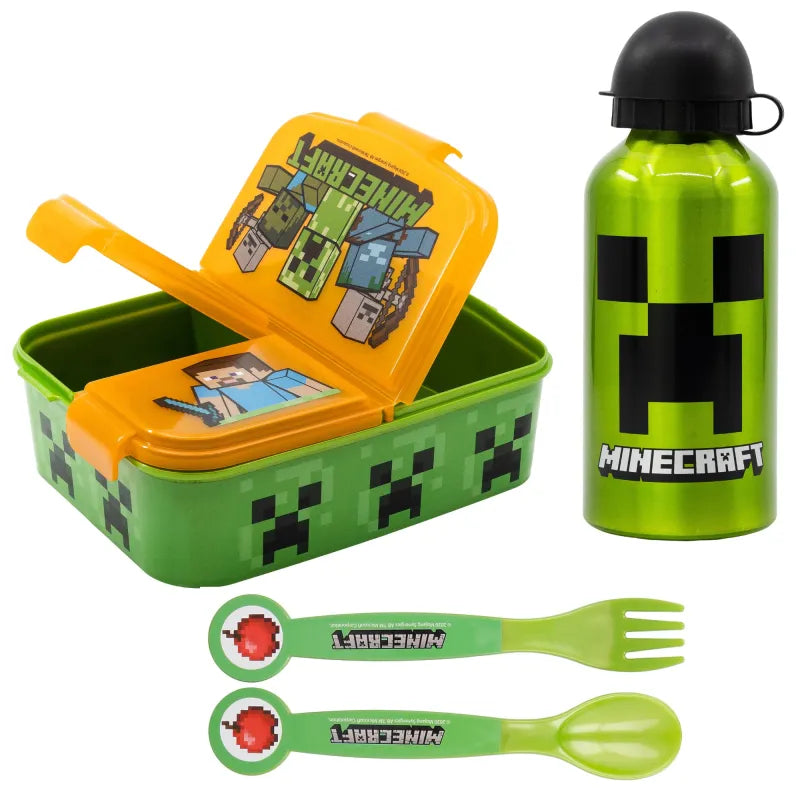 Minecraft Kinder 4 tlg. Set 3 Kammern Brotdose Gabel Löffel Alu-Trinkflasche - WS-Trend.de