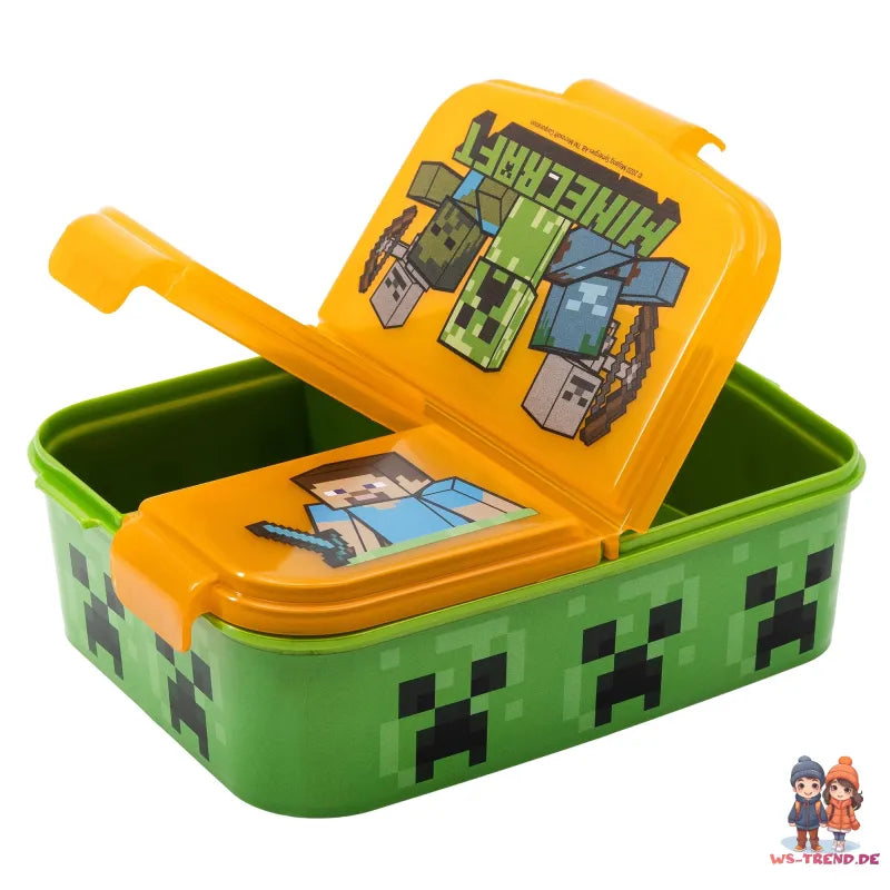 Minecraft Kinder 4 tlg. Set 3 Kammern Brotdose Gabel Löffel Alu-Trinkflasche - WS-Trend.de
