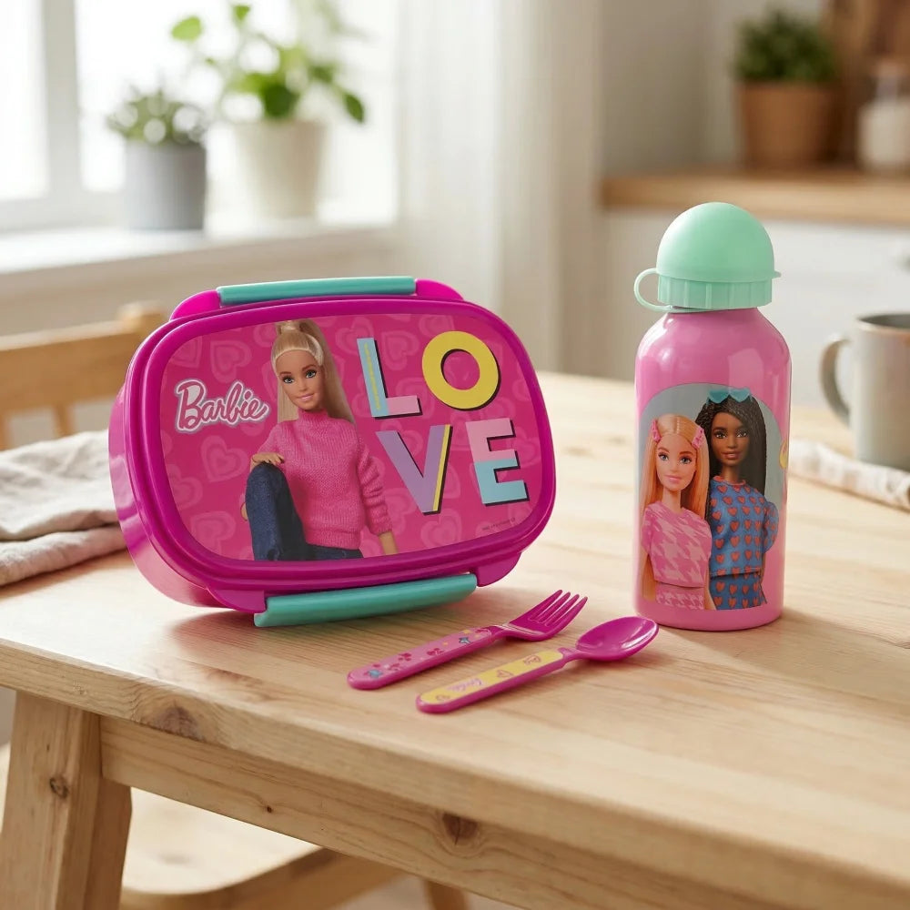 Barbie and Friends 4 tlg Kinder Set Brotdose Aluminium Trinkflasche Besteck - WS-Trend.de