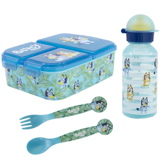 Bluey Bingo Kinder 4 teiliges Set 3 Kammern Brotdose Trinkflasche 370 ml Besteck - WS-Trend.de