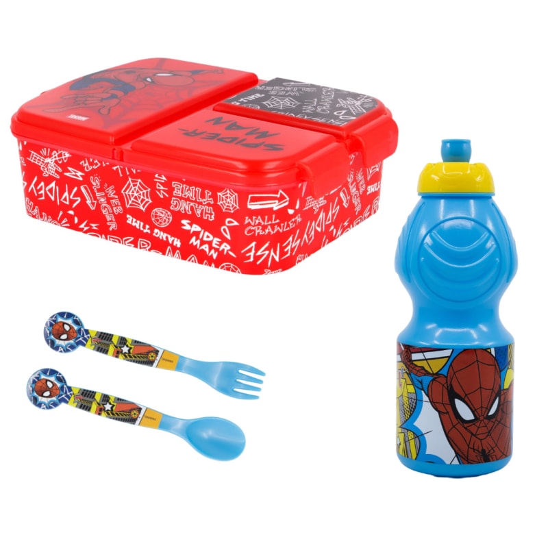 Marvel Spiderman 4 teiliges Set Lunchbox mit Trinkbecher und Besteck - WS-Trend.de Lunch - Brotdose - Trinkflasche