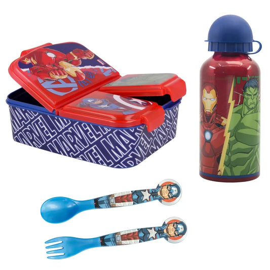 Marvel Avengers Kinder Set 4tlg 3 Kammern Brotdose Alu-Trinkflasche Besteck - WS-Trend.de