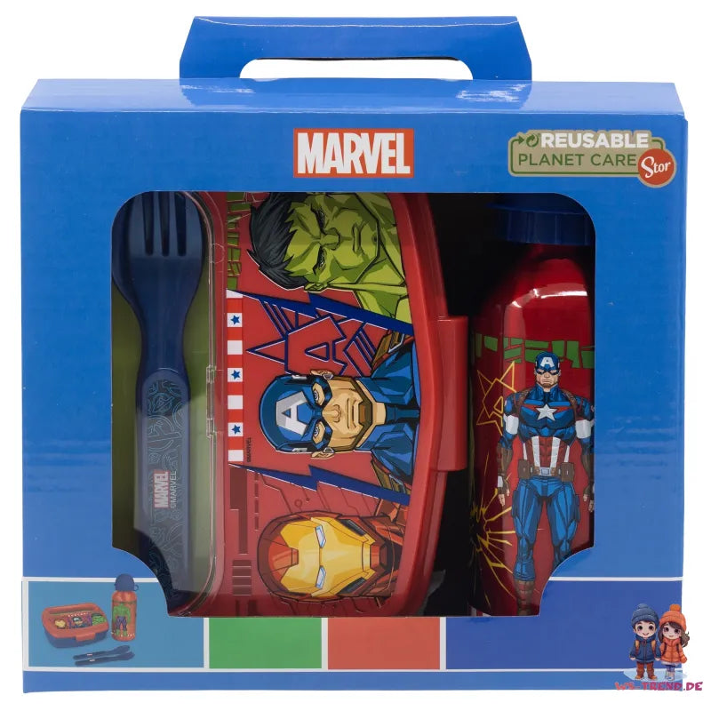 Marvel Avengers Kinder Geschirr-Set 4 teilig Brotdose Alu-Trinkflasche Besteck - WS-Trend.de