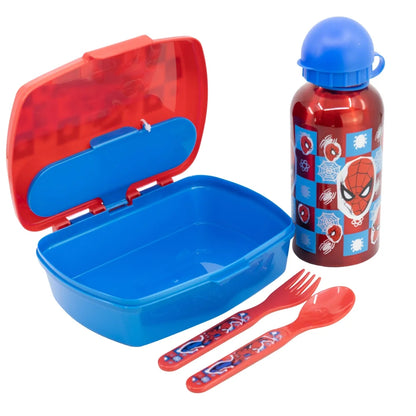 Marvel Spiderman 4 tlg Kinder Lunch Set Brotdose Alu-Trinkflasche Besteck - WS-Trend.de