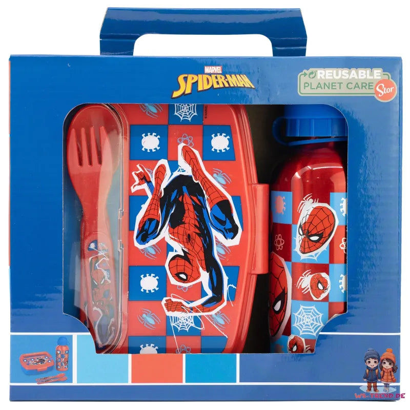 Marvel Spiderman 4 tlg Kinder Lunch Set Brotdose Alu-Trinkflasche Besteck - WS-Trend.de
