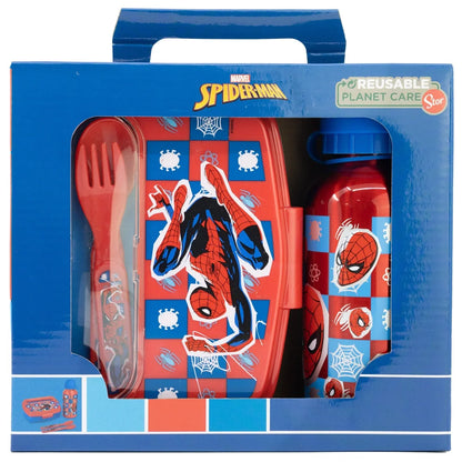 Marvel Spiderman 4 tlg Kinder Lunch Set Brotdose Alu-Trinkflasche Besteck - WS-Trend.de
