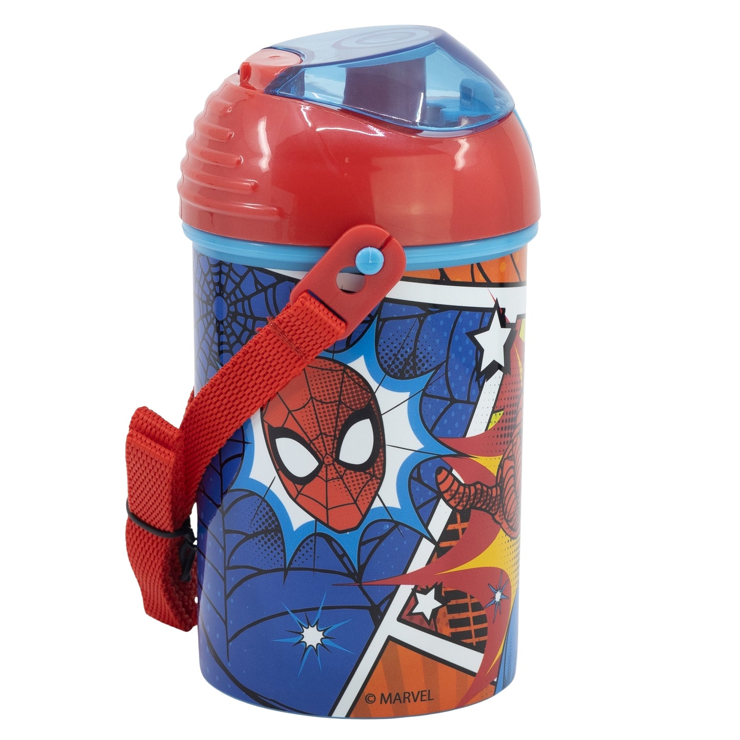 Marvel Spiderman Trinkflasche Flasche mit Trinkhalm Gurt 450 ml