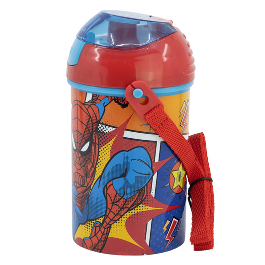 Marvel Spiderman Trinkflasche Flasche mit Trinkhalm Gurt 450 ml